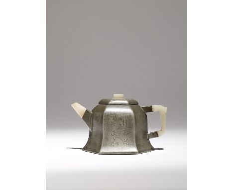 A CHINESE INSCRIBED PEWTER-ENCASED YIXING HEXAGONAL-SECTION TEAPOT AND COVER, SANXIANGHU QING DYNASTY The bell-shaped body de