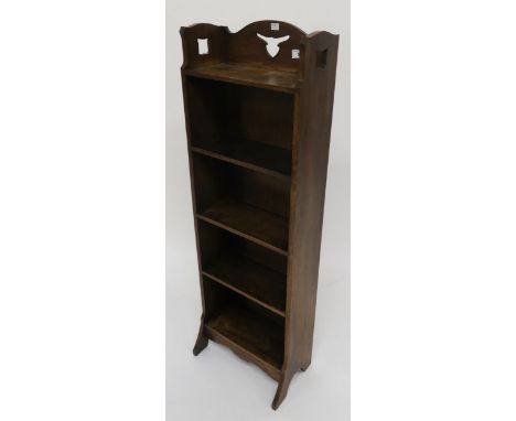 An early 20th century oak arts and crafts five shelf bookcase with pierced design to top shelf 116cm high x 39cm wide x 23cm 