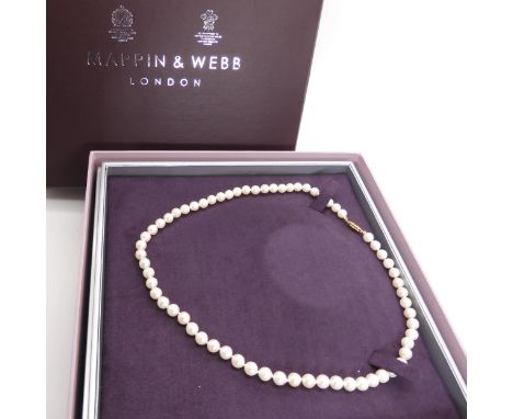 A string of white cultured pearls with a 14k gold clasp, retailed by Mappin & Webb, with original boxes Condition report: Con