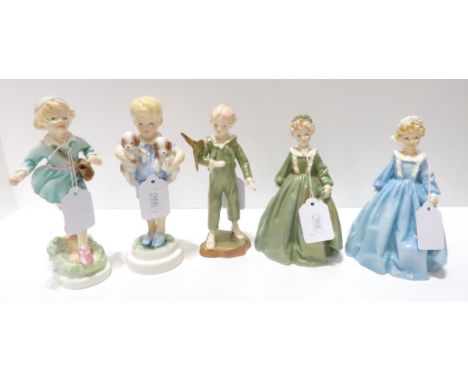 Five Royal Worcester figures including two Grandmother's Dress in different colourways, Thursday's child, Monday's child and 