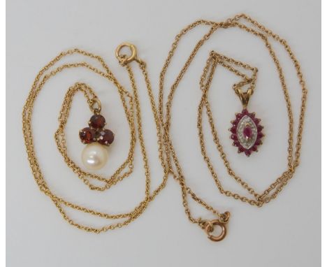 A 9ct gold ruby and diamond pendant and chain, together with a 9ct garnet and pearl pendant and chain weight combined 6gms Co