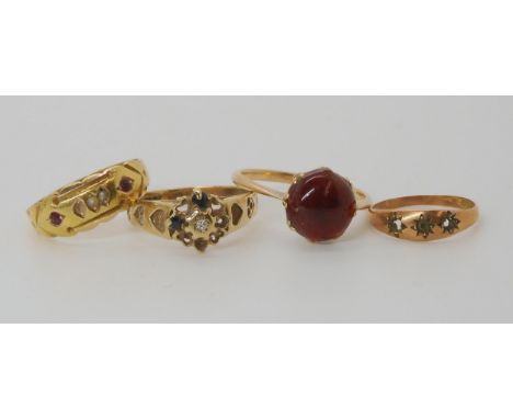 A 15ct gold red gem and pearl ring size Q1/2, weight 1.6gms, a 9ct garnet ring size T, and two further 9ct rings, weight comb