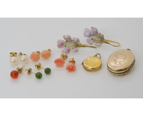 A 9ct back and front locket, a vintage example, gold plated enamel flower earrings and a collection of gold and yellow metal 