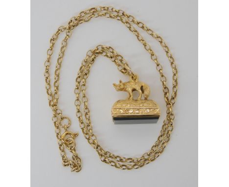 A 9ct hallmarked bloodstone seal mounted with a fox, dated Birmingham 1899, together with a 9ct gold belcher chain 50cm, weig