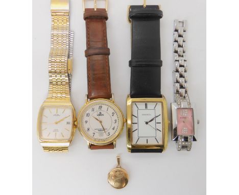 A 9ct gold locket weight 2.6gms, together with four fashion watches to include Sekonda, Rotary etc Condition report: Availabl