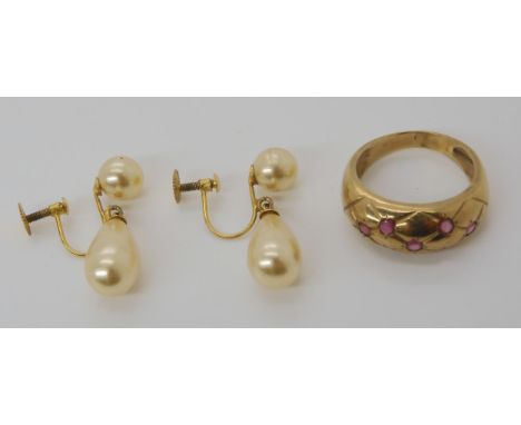 A 9ct gold ruby dome ring size O, together with a pair of faux pearl earrings with 9ct gold screw fitting mounts, weight comb