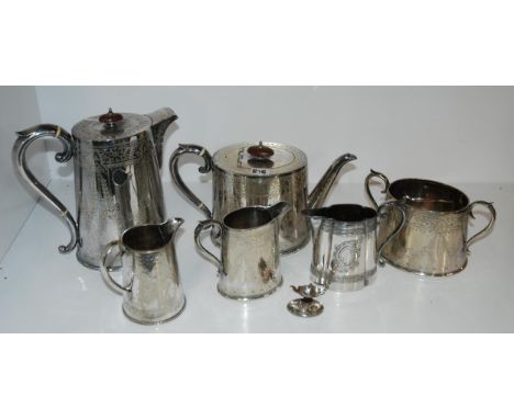 A tray lot of EP - four piece tea service, two cream jugs, caddy spoon, tongs etc. Condition report: Available upon request