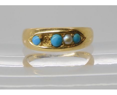 An 18ct gold turquoise and pearl ring, hallmarked 1888, London, size P, weight 4.7gms Condition report: Available upon reques