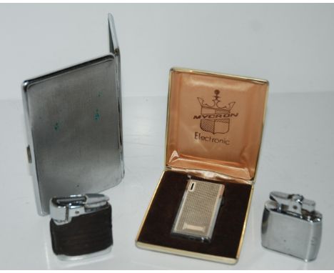 A Sylva Chrome cigarette case, Ronson Viking lighter, another Ronson lighter and cased Mycron lighter (40 Condition report: A