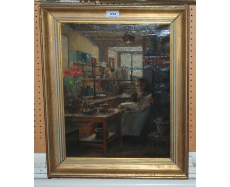 J MORTON DUNLOP Resting in the kitchen, signed, oil on canvas, 44 x 34cm Condition report: Available upon request