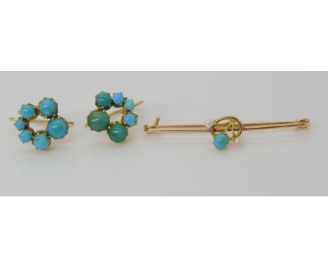A pair of bright yellow metal turquoise earrings, together with a 9ct turquoise and pearl bar brooch, weight together 4.7gms 