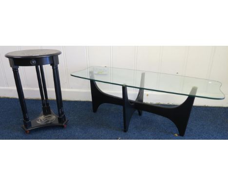 A 20th century glass top coffee table with shaped ebonised base and a 20th century two tier circular lamp table with single d