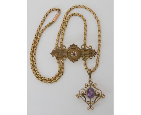 A 9ct gold amethyst and pearl Edwardian pendant brooch, with a vintage 9ct belcher chain, weight together 12.2gms, and a vint