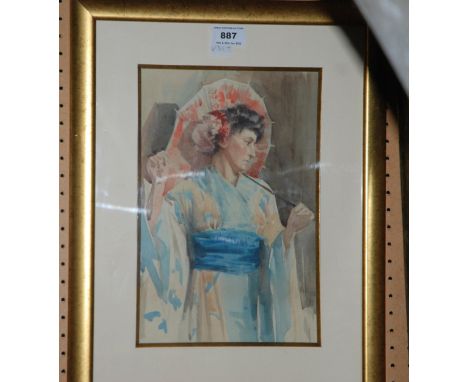 BRITISH SCHOOL Model holding a parasol, watercolour, 30 x 20cm Condition report: Available upon request