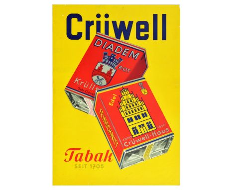 Original vintage advertising poster for Cruwell Tabak Seit 1705 / Cruwell Tobacco Since 1705, featuring great bright design o