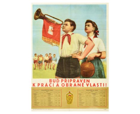 Original vintage sport propaganda poster Be ready to work and defend your homeland! / Bud Pripraven k Praci a Obrane Vlasti! 