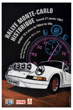 Original vintage motorsport poster for Rallye Monte-Carlo Historique Samedi 27 janvier 2001. Depart 19h place de l'Hotel de V