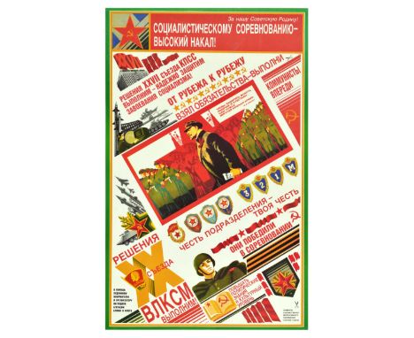 Original vintage Soviet propaganda poster with cut-out elements of artistic and decorative designs for a wall newspaper made 