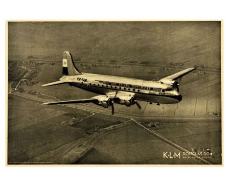 Original vintage advertising poster by KLM Royal Dutch Airlines featuring a stunning black and white aerial photograph of a D
