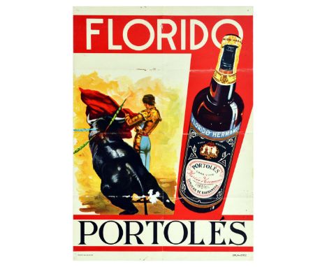 Original vintage advertising poster for Florido Portoles Gran Vino Sanlucar de Barrameda wine, featuring an illustration of a