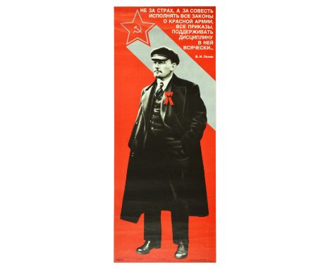 Original vintage Soviet propaganda poster depicting Vladimir Lenin (1870-1924) in a black suit with a red patriotic ribbon ov