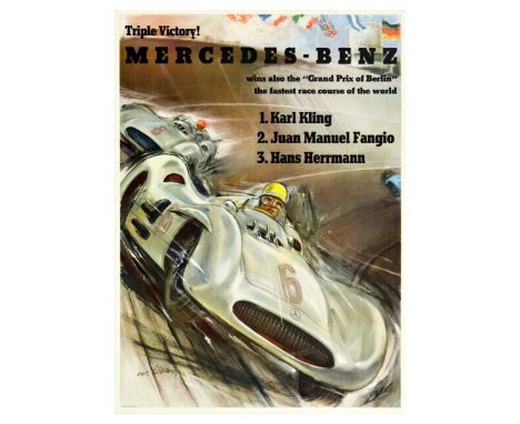 Original vintage sports poster published by Mercedes Benz to celebrate its racing results in 1954 and 1955. Fantastic illustr