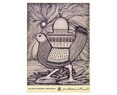 Original vintage propaganda poster issued by Fateh featuring an illustration of a bird with keffiyeh headscarf on its back wa
