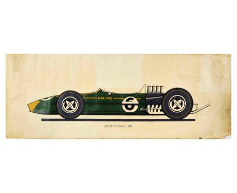 Original vintage motor sport poster for Lotus - Ford 49 featuring a great illustration of a green and gold Lotus 49 car marke