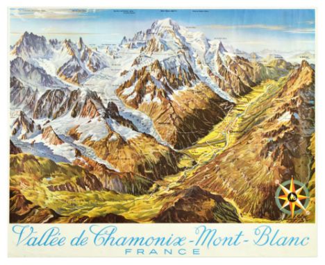 Original vintage travel poster Vallee de Chamonix-Mont-Blanc / Chamonix-Mont-Blanc Valley in France featuring a great illustr