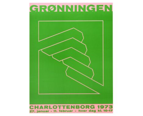 Set of five original vintage art exhibition advertising posters. 1. Poster featuring an interwoven green shape, bold green le
