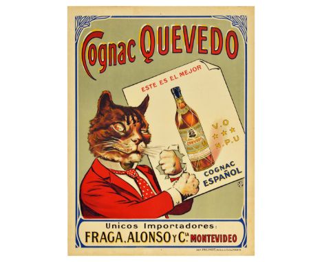 Original vintage advertising poster for Spanish cognac Quevedo / Cognac Espanol featuring a fun illustration of cat in a red 