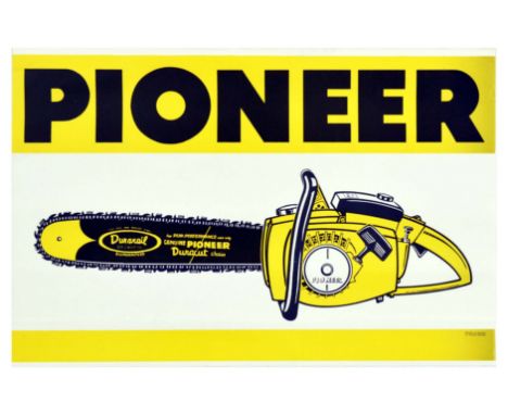 Original vintage advertising poster for Pioneer chainsaw, featuring an illustration of the chainsaw in yellow and black with 