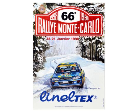 Original vintage motorsport poster for the 66th Rallye Monte-Carlo held 18-21 January 1998, featuring a dynamic image of a bl