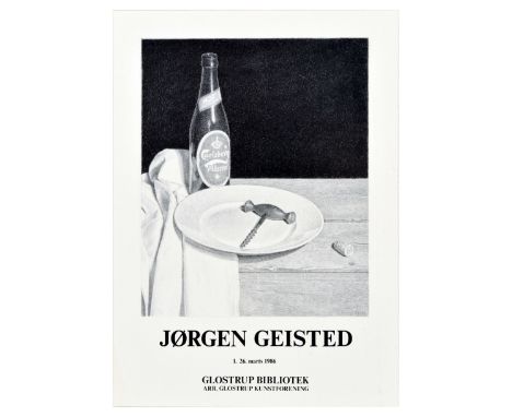 Original vintage advertising poster featuring an artwork by Jorgen Geisted (b.1949) depicting a wooden handle corkscrew on a 