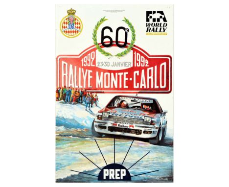 Original vintage motorsport poster for the 60th Rallye Monte-Carlo held 23-30 January 1992, featuring a dynamic image of a To