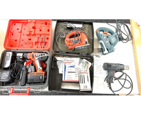 Selection power tools, Black and Decker drills, heat guns, jigsaws etc, all untested 