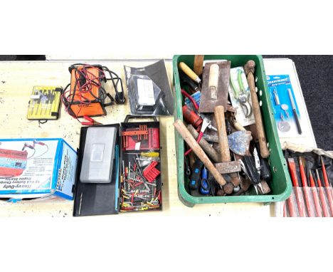 Large selection of tools to include hammers, chisels, battery chargers, spanners etc 