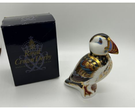 A Royal Crown Derby paperweight, Puffin, gold stopper and red Royal Crown Derby stamp on the base, boxed 