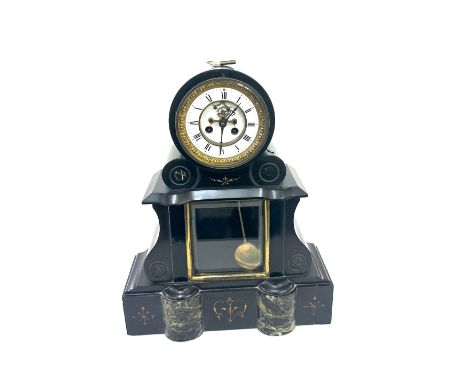 Vintage French Slate two key hole mantle clock with key and pendulum measures approx 19 inches tall by 15 inches wide and 5 i
