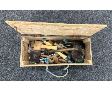 Vintage wooden toolbox with contents hammers, mallets, spanners etc 