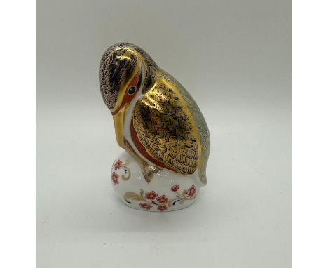 A Royal Crown Derby paperweight, Kingfisher, date mark for 1997 (LX), gold stopper and red Royal Crown Derby stamp on the bas