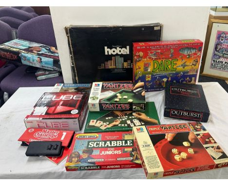 Selection of vintage and later board games to include Dare, Hotel, Cube, Scrabble etc 