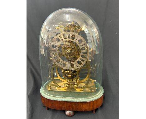 Vintage skeleton mantel clock in dome with pendulum measures approx 13 inches tall, untested 