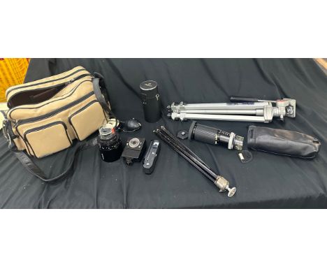 Selection of camera equipment to include flash, stands, lens, tri pods  etc 