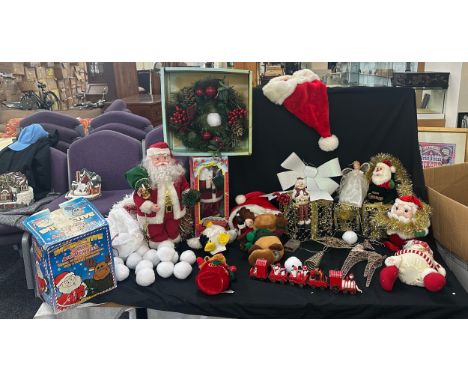 Large selection of vintage and later Christmas decorations to include Santa figure, Christmas wreath, present lights tinsel e
