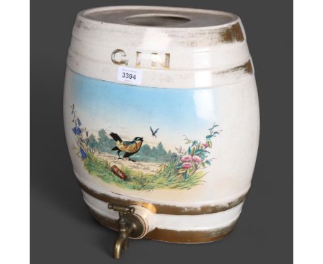 Gin Barrel, 19th century. A large ceramic gin barrel with hand painted naturalistic scene of bird, dragonfly, bluebells and o