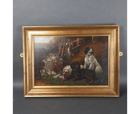 A 19th Century oil on canvas, "The Duke of Sussex's Gun Dogs", depicting an after hunt scene, with hunting dogs, guns and ass