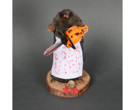 Taxidermy: “Chainsaw Massacre” Mole.An anthropomorphic full mount taxidermy mole, mounted upright on a slice of wood. Wieldin