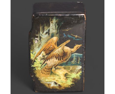 Russian Lacquerware Snuff Box, 19th centuryHand painted with a scene of an eagle mantling over it’s lamb prey in a forest. 