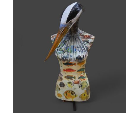 Curiosity/Macabre : Clive Fredriksson, a modern decoupage mannequin, with papier mache hand painted and sculpted Heron head, 